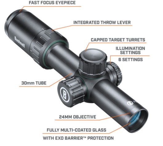 BUSHNELL RP1424BS9 PRIME BLACK SCOPE 1-4X24 30MM ILLUM. GERM