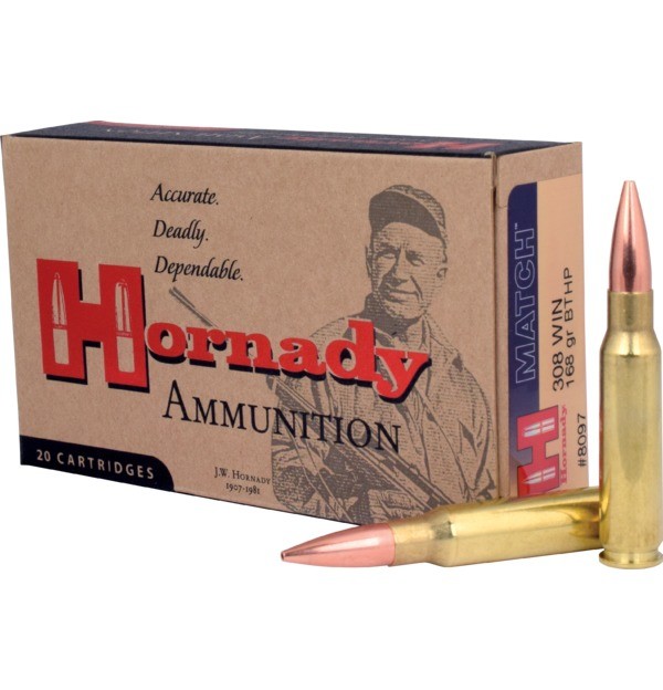 HORNADY 8097 RIFLE AMMUNITION .308 WIN 168GR BTHP MATCH 20/2